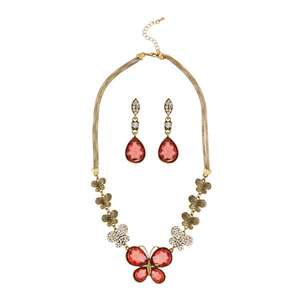 Conjunto de Collar chapado en oro antiguo Kriaa con piedra austriaca roja 1109001F joyería de moda - Product Image 1