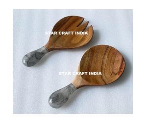 Cuillères de service en bois de mangue pour restaurant Serveurs à salade en bois Cuillère Fourchette Dîner Couverts Serveur Set Food Safe Email Handles - Product Image 1