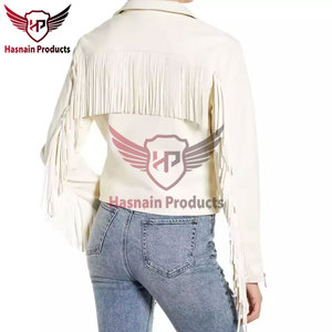 Womens Real White Leather <b>Jacket</b> <b>Fringe</b> Sleeves Tassels Lapel Sheepskin Cream Western Cowgirl Biker Coat Custom Winter Outerwear - Product Image 2