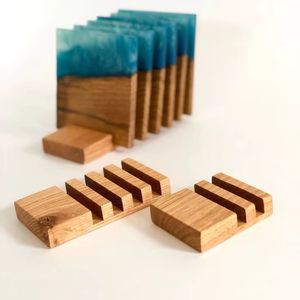 Handmade Ocean Blue Epoxy Resin Solid Wood Coaster Set Holder Bar Table Decor Durable Heat Resistant <b>Waterproof</b> Square Drink <b>Mat</b> - Product Image 1