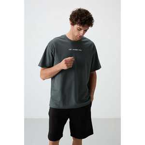 Khaki Men's Oversize T-Shirt 100% Cotton <b>Jersey</b> Thick Textured Printed-88364 - Product Image 3