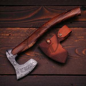 Hacha de Acero de Damasco Hecha a Mano con Mango de Madera de Palisandro, Funda de Alta Calidad, Forjada, Grado Industrial, para Camping, Hacha con Espiga, Personalizable - Product Image 4