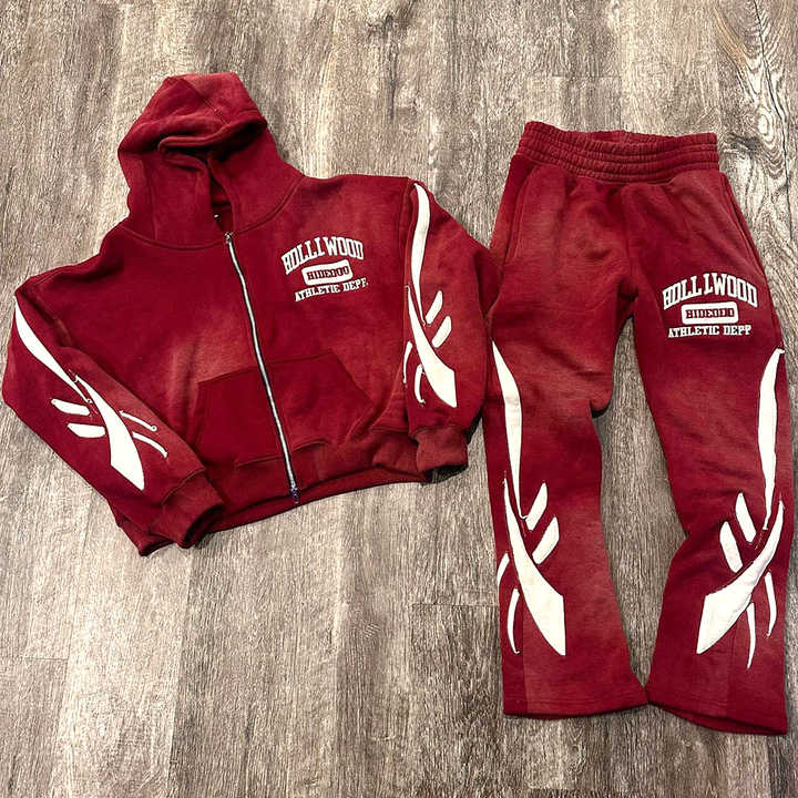 Custom Distressed Sweatuit Set Sun Faded Acid Wash Flared Tracksuit with Embroidery Applique Hoodie Sweat Pant for Winter
