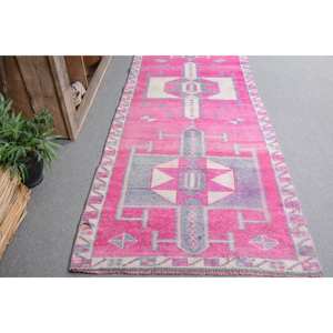Modern Vintage Turkish Rug 3.4 X 11.6 ft <b>Pink</b> <b>Wool</b> Seagrass Abstract Pattern Large Area Rectangle Hallway Design New for Rooms - Product Image 3