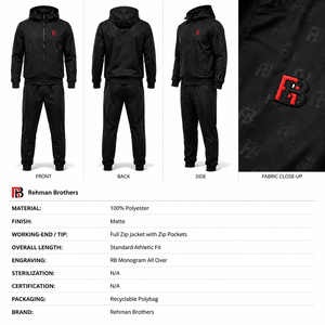 Men's Black Hooded Tracksuit Set Full Zipper Letter Print Casual Sportswear with Side Pockets and Logo Front Windbreaker Set - Product Image 6