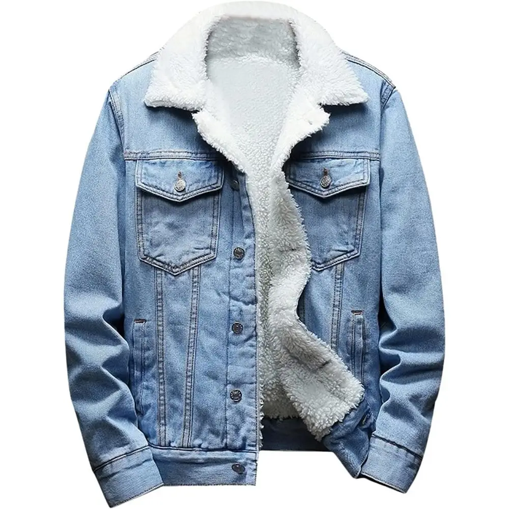Oem Winter Long Sleeves Slim Fit Fur Inside Men Jeans Jacket Customized Faux Fur Collar Denim Jacket Coat Men