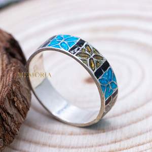 Magnifique bague en cloisonné, bague en émail floral coloré, filigrane, bijoux bohèmes, bijoux en argent sterling 925 - Product Image 2