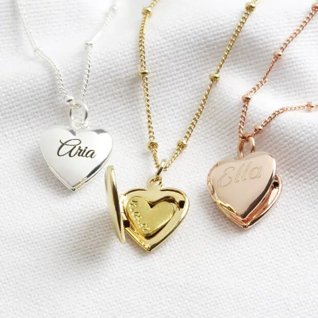 Personalised 925 Sterling silver jewelry 14 gold plated Engraved Heart Locket Necklaces for women girls kids friend