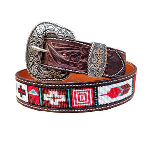 เข็มขัดหนังแท้สไตล์คาวบอยตะวันตกแบบคลาสสิก ประดับลูกปัด งานปักอย่างดี หัวเข็มขัดโลหะผสมทองเหลือง ทนทาน กว้าง 40 มม. ปรับแต่งได้ - Product Image 1