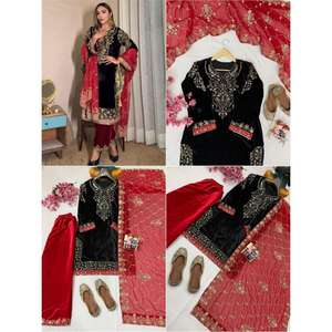 Salwar Kameez de Terciopelo de Alta Calidad para Mujer, Mangas Largas, Elegante Dupatta de Georgette, para Fiestas, Uso Diario, Secado Rápido, para Todas las Temporadas - Product Image 1