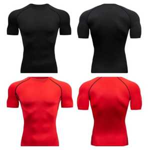 T-shirts pour hommes à haute élasticité 100% coton à séchage rapide matériau de haute qualité extensible Fitness Compression Slim Fit T-shirts d'entraînement - Product Image 5