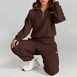 Luxe Y2K Femmes Polaire Demi Zip Sweat Jogger Pantalon Ensemble Gris Marron Solide Motif Écologique pour la Saison de Printemps - Product Image 6