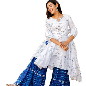 Ocasión Ropa India Para Mujer Estampado Diseñador Cuello Manga Tres Cuartos Kurti Palazzo Con Duppata - Product Image 1