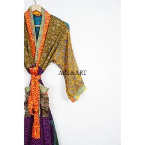 Luxury Silk Kimono Robe Loungewear <b>Gift</b> Boho Festival Wear Daily Wear Sexy Handmade Vintage Sari 3/4 Sleeve Beach Summer Autumn - Product Image 3