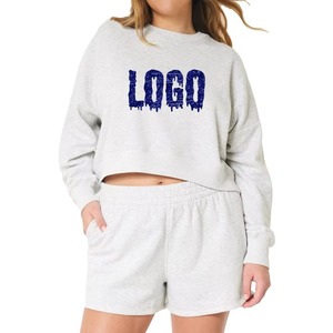 Ensemble sweat-shirt et short pour femme, uni, au-dessus du genou, gaufré, texturé, élégant, deux pièces - Product Image 4