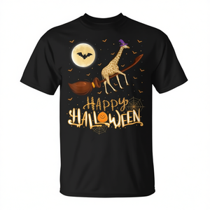 Camiseta de Halloween con diseño de jirafa montada en una bruja con escopeta, unisex para adultos, negra, 100% algodón, divertida camiseta para fiestas de disfraces - Product Image 2