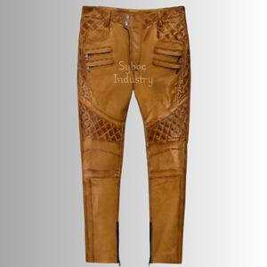 กางเกงหนังสีน้ำตาลเข้มของผู้ชายกางเกงนักขี่จักรยานหนังแท้ทรงสลิมฟิตพร้อมกระเป๋าผ้าและซิป - Product Image 4