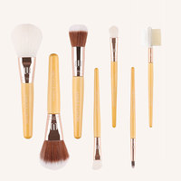 Set kuas Makeup pegangan bambu, 7 Pcs Kit kuas kosmetik wajah dan mata untuk alas bedak perona pipi