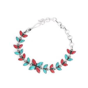 Handmade 925 <b>Sterling</b> <b>Silver</b> Fine Charm <b>Bracelet</b> Natural Turquoise and Coral Gemstone Gift for Girls and <b>Women</b> - Product Image 2