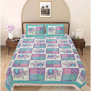 Turquoise Blue 100% Cotton 240 TC Bedsheet Set with 2 Pillow Covers Ethnic Motifs for Home Use (ADB1480) for 1 <b>King</b> <b>Size</b> Bed - Product Image 2