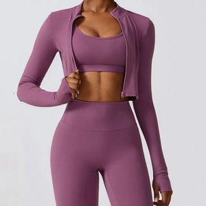 Ensemble de yoga deux pièces pour femmes en gros, ensemble de yoga uni en dentelle, haut court à fermeture éclair, veste de sport de yoga, entraînement physique, veste à fermeture éclair personnalisée - Product Image 1