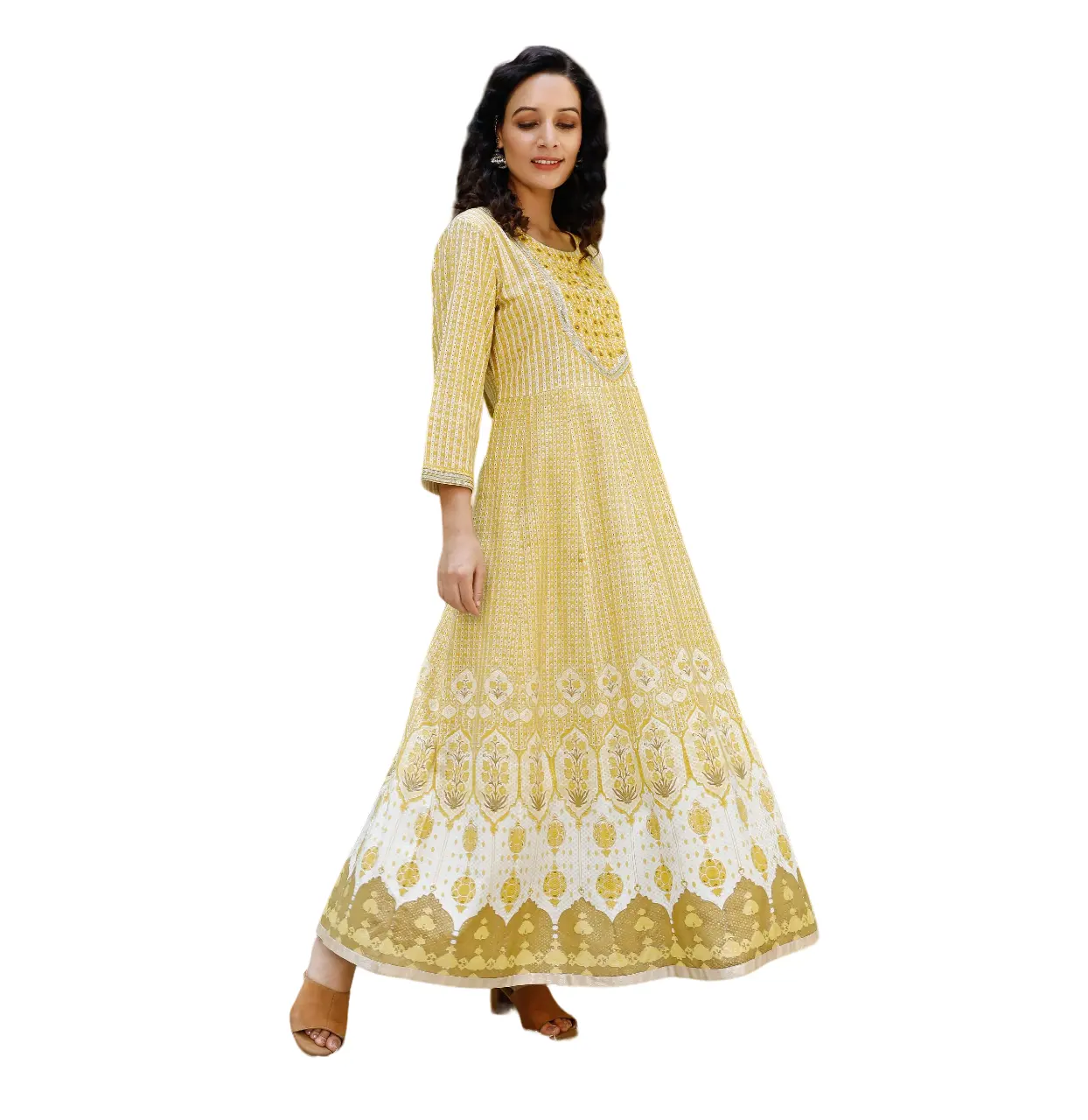 Hot Selling Attraktive Designer Party Wear Anarkali Style Genähter Druck & Zari Arbeit Gelbe Farbe Indische Frauen Ethnisches Kleid