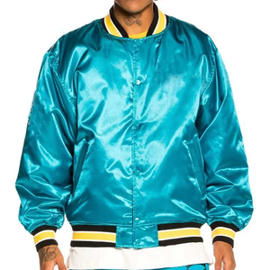 Blouson de baseball en satin de soie entièrement brillant pour hommes haute qualité avec poignets rayés et boutons pression sur le devant - Product Image 1