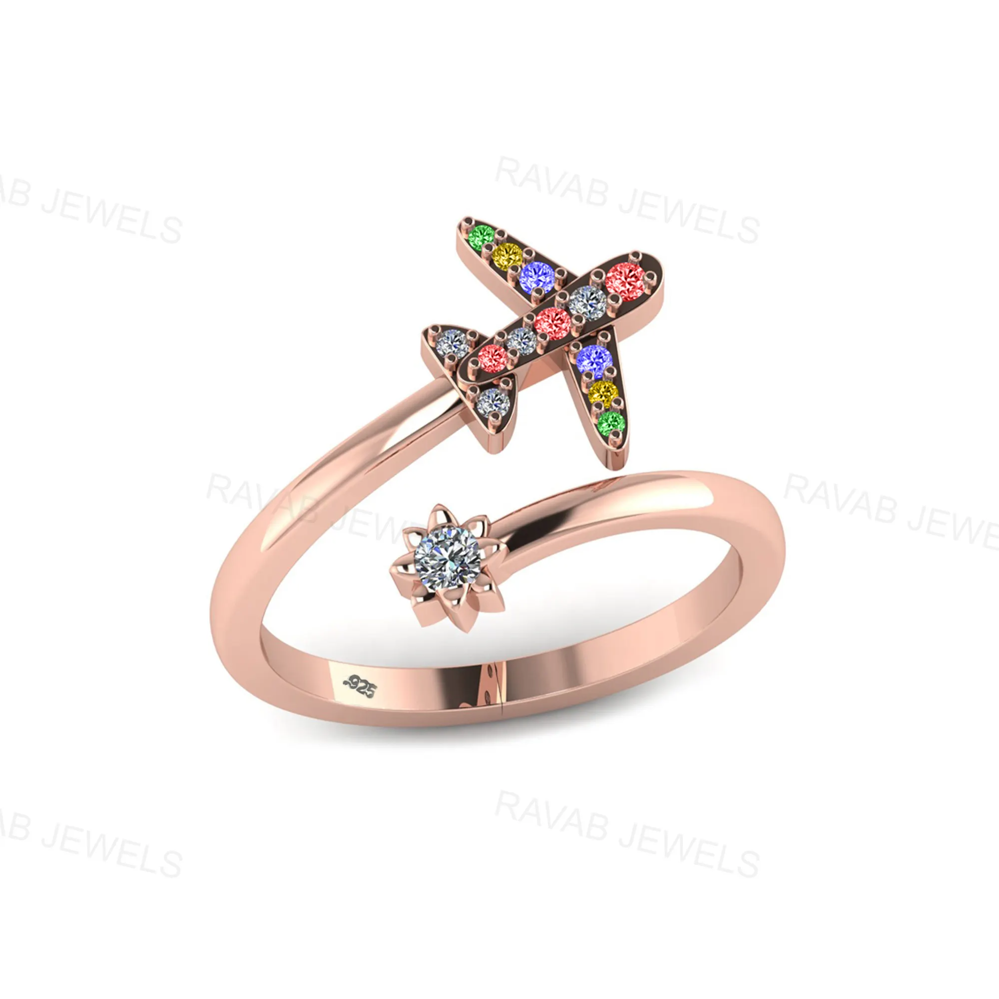 Hochwertiger Großhandel Zirkon Farbiger Schmuck Indien Silber einstellbar Flugzeug Finger Werkspreis Schmuck Ring für Hochzeitsgeschenk