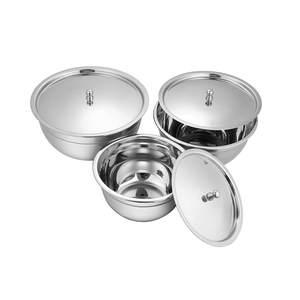 <b>Stainless</b> <b>Steel</b> Customized Design Serving <b>Bowl</b> with Lid 3-Piece Set Party Disposable Silver - Product Image 1