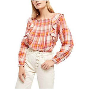 Top a Quadri Siena con Volant per Donna di Free People, Avorio Naturale, Ricamato, Abbigliamento Formale da Ufficio, Taglie Disponibili XS-XL - Product Image 1