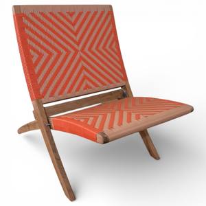 Silla Plegable de Madera de Teca Tejida a Mano Resistente a la Intemperie, Portátil para Exteriores, con Diseño Geométrico de Cuerda Naranja - Product Image 4