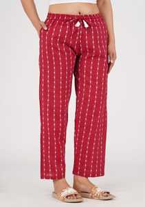 Kantha PANT-Maroon PANT กางเกงผ้าฝ้ายพิมพ์สีน้ำตาลแดงสำหรับผู้หญิงระบายอากาศเอวสูงปานกลางเอวยางยืดตกแต่งมีระบาย - Product Image 2