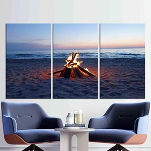 Decoración Moderna de Vidrio: Arte Impreso en Lienzo de Fuego en la Playa, Paisaje Marino en 3D, Juego de 3 Lienzos - Product Image 1