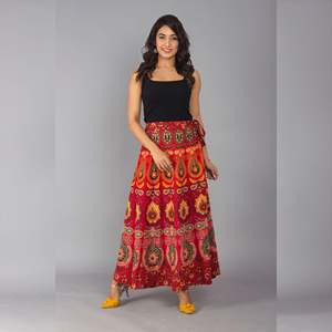 Falda Maxi con Estampado Étnico Rojo, Suave y Transpirable, de Chifón y Seda, Estilo Envolvente, Formal, Largo Midi, con Estampado Digital Bordado, Silueta Ajustada - Product Image 1