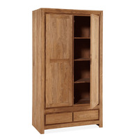 Armoire minimaliste en bois massif à 2 portes avec barre de suspension réglable, 4 étagères et 2 tiroirs, personnalisable pour la maison ou l'hôtel