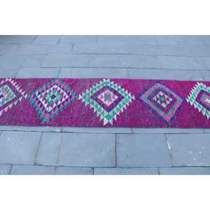 Vintage Rug, <b>Runner</b> 2.1x9.1 ft Turkish Rug, Pink <b>Green</b> Solid Wool Rug - Product Image 4