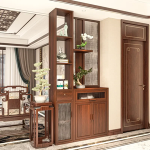 Nouvelle Armoire de Séparation en Bois Massif de Style Chinois avec Verre Cannelé pour Salon, Entrée, Couloir, Salle à Manger - Product Image 1
