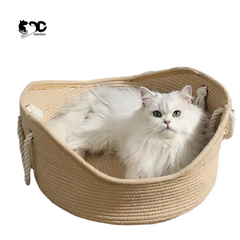Cama de gato natural tecido à mão, grande espaço, oval, tigela, ninho, com almofada e arranhão redondado