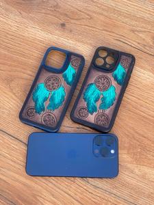 เคสโทรศัพท์หนังลายดอกไม้สำหรับ iPhone เคสหนังแท้ iPhone 15 Pro Max ดีไซน์แบบตะวันตกสีเทอร์ควอยซ์ตามสั่งใหม่ - Product Image 2