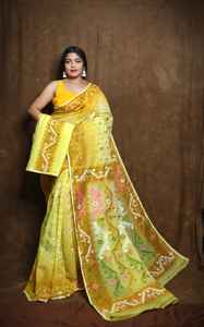 Sari Khadi con estampado de bloques para mujer, Sari tradicional hecho a mano amarillo granate, sari de algodón Khadi amarillo ligero - Product Image 5