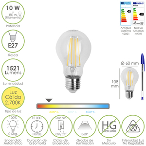 Lampadina LED a Filamento Standard con Attacco E27 10 Watt. Corrisponde a 80 Watt. 1521 Lumen. Luce Calda 2700o. K. - Product Image 1