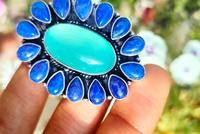 Lapis Lazuli Aqua Calcédoine Gemme Multi-Pierre Cluster Pendentif Argent Sterling 925 Conception Tibétaine Plaqué Or Lunette Réglage