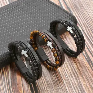 Vintage Fashion Hand-woven Cross Tiger Eye Stone Beaded Magnet Buckle Multi-layer Leather Bracelet For Men