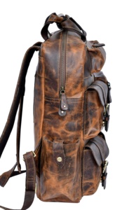 Sac à dos décontracté à poches multiples en cuir de cheval fou véritable pour hommes et femmes sac à dos pour ordinateur portable de voyage et d'école style polyester - Product Image 3
