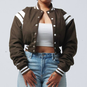 Women's Plus Size <b>Wool</b> Varsity Jacket with Leather Sleeves Embroidered Letters Cropped Design Winter <b>Fabric</b> Jacket-Wholesale - Product Image 1