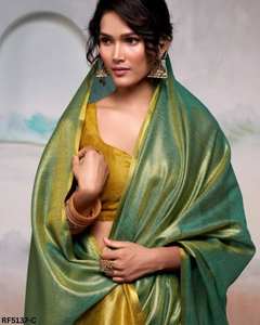 โสร่งสีทองทิชชู่ผ้าไหมส่าหรีหญิงยาว5.5เมตร0.8เมตรความยาวเสื้อขอบสีเขียวมะกอกที่สง่างามแบบดั้งเดิม - Product Image 6