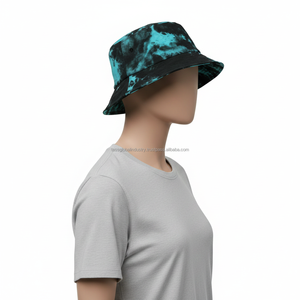 Chapeau Bob Unisexe Tie-Dye Personnalisable avec Logo, Imprimé Marbré Noir et Bleu Turquoise, Chapeau de Soleil d'Été en Coton, Casquette de Pêcheur d'Extérieur, Protection Solaire de Plage - Product Image 4