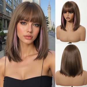 Perruque synthétique sans colle Bethany-DWY de 12 pouces pour femmes, fabriquée à la machine, coupe courte bob droite, brun châtain avec reflets roses - Product Image 5