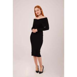 Vestido Midi con Hombros Descubiertos al por Mayor, Cómodo, de Punto Negro con Cintura Natural - Product Image 2