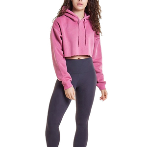 Haute qualité hiver femmes Fitness haut court à capuche avec Logo avant coton mélangé tissu polaire manches longues - Product Image 2